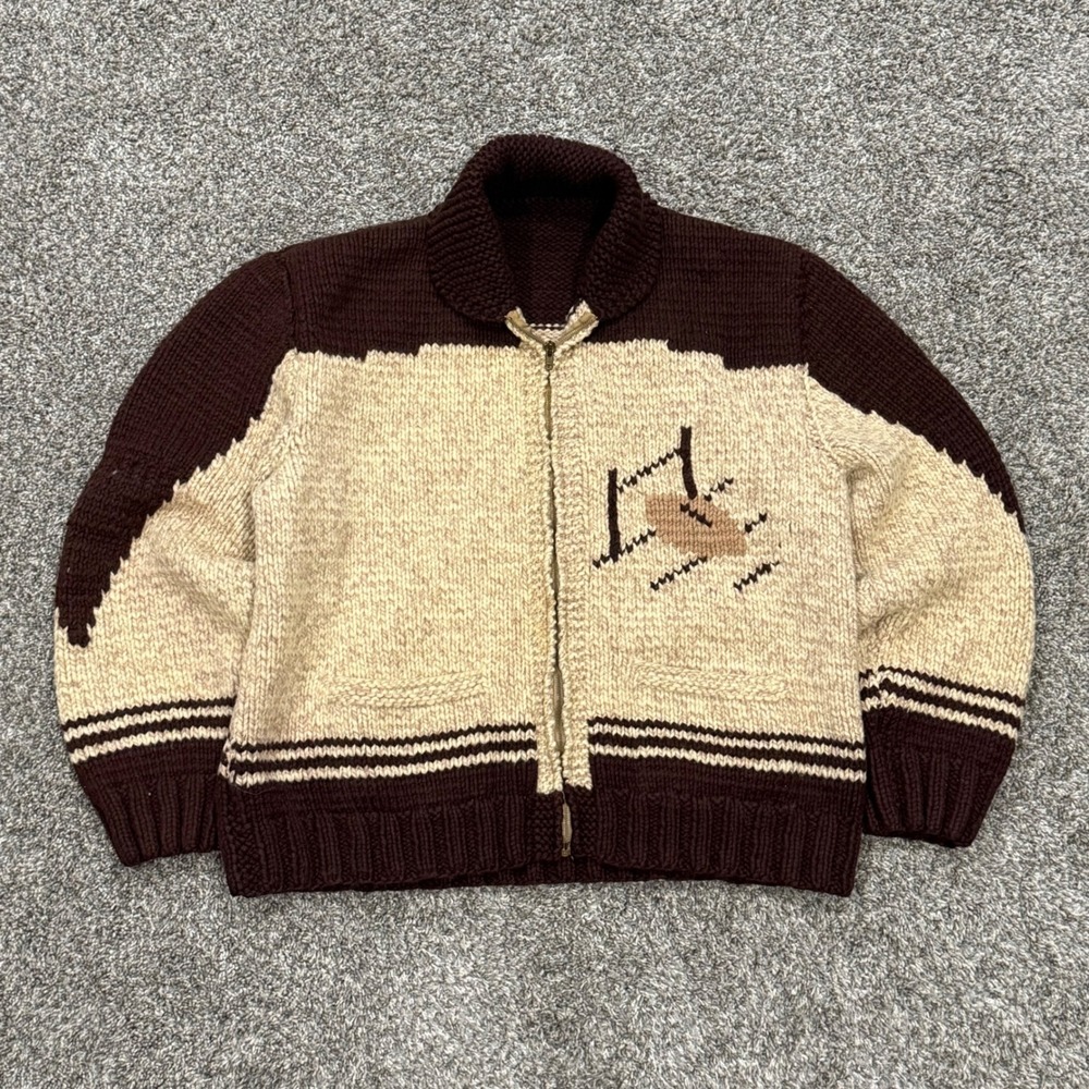 Vintage 1950s Cowichan Football Cardigan Sweater Coats Clark Zipper Wool Size L